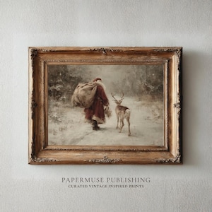 Puede incluir: Una impresi&oacute;n vintage enmarcada muestra a Pap&aacute; Noel con un abrigo rojo, caminando por un bosque nevado con un ciervo. Lleva un saco. La impresi&oacute;n est&aacute; en un marco dorado adornado. El texto "PAPERMUSE PUBLISHING" est&aacute; en la parte inferior.