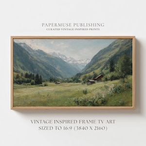 May include: A framed landscape painting featuring a valley scene with mountains, trees, and small buildings. The artwork is in a wooden frame and has the text "PAPERMUSE PUBLISHING CURATED VINTAGE INSPIRED PRINTS" and "VINTAGE INSPIRED FRAME TV ART SIZED TO 16:9 (3840 X 2160)".