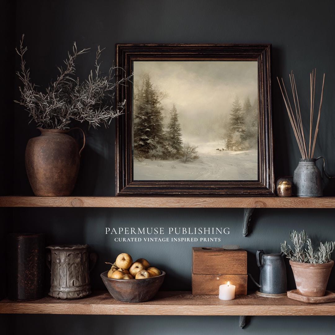 Vintage Winter Forest Landscape Print, Snowy Pine Tree Painting ...