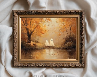 May include: A framed vintage-inspired print featuring two white ghost figures in a serene autumn landscape. The artwork showcases a golden-brown color palette with a reflective pond and fall foliage. The frame is ornate with a gold finish. Text at the bottom reads "PAPERMUSE PUBLISHING".