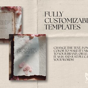Pu&ograve; includere: Immagine con due modelli di carta con citazioni e decorazioni floreali. Il testo recita "FULLY CUSTOMIZABLE TEMPLATES" e "CHANGE THE TEXT, FONT & COLOR TO MAKE IT UNIQUE TO YOUR BRAND, OR LEAVE IT AS IS AND JUST PLUG IN YOUR WORDS!"