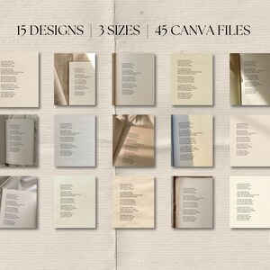 May include: A collection of 15 designs in 3 sizes, with 45 Canva files. The image showcases various open books and individual pages, each displaying poetic text in a serif font. The color palette is neutral, with beige and cream tones.