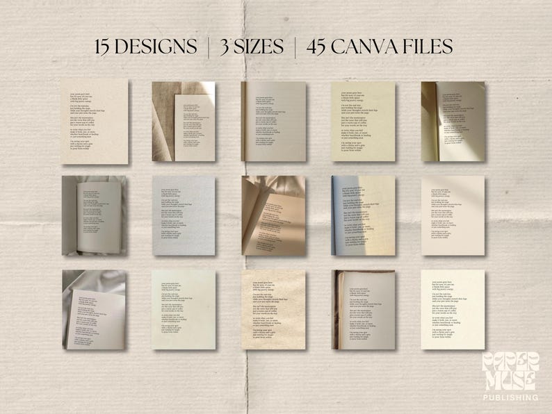 May include: A collection of 15 designs in 3 sizes, with 45 Canva files. The image showcases various open books and individual pages, each displaying poetic text in a serif font. The color palette is neutral, with beige and cream tones.