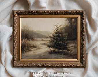 May include: A framed vintage landscape painting depicts a winter scene with a snow-covered path leading to a fir tree. The artwork is in a gold ornate frame. The painting has a muted color palette of browns, greens, and whites. The text "PAPERMUSE PUBLISHING" is at the bottom.