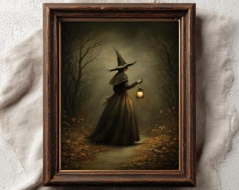 Häxa Halloween konstmålning, kuslig Halloween höstmålning digital nedladdning, mörk akademi, utskrivbar väggdekor, stämningsfull vintage höst