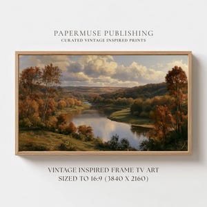 May include: A landscape painting in a wooden frame depicting a river winding through a valley with autumn-colored trees under a cloudy sky. The text reads: PAPERMUSE PUBLISHING CURATED VINTAGE INSPIRED PRINTS VINTAGE INSPIRED FRAME TV ART SIZED TO 16:9 (3840 X 2160).