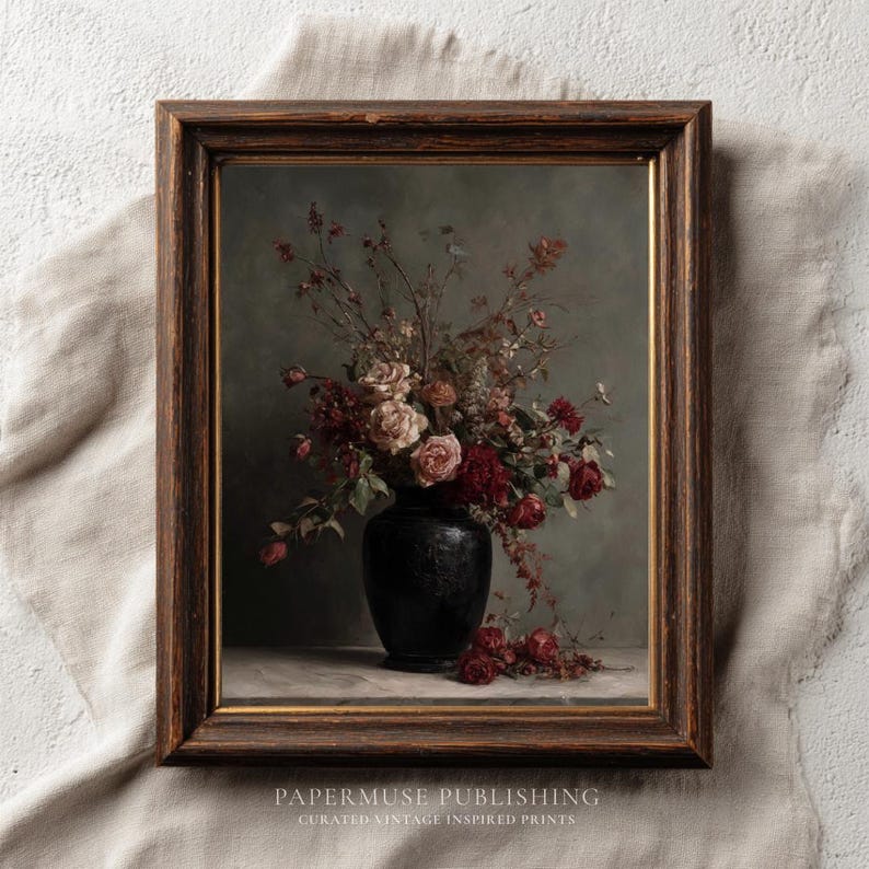 Dark Romantic Floral Still Life Wall Art, Vintage Rose Vase Painting ...