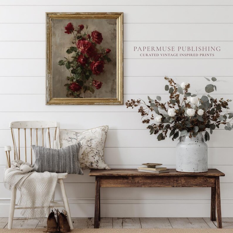 Vintage Red Rose Wall Art, Romantic Floral Painting, Antique Old World ...