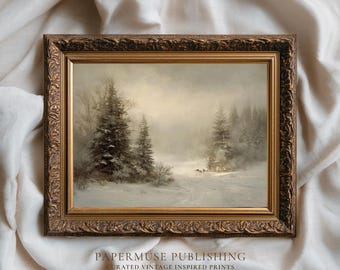 May include: A framed vintage winter landscape painting. The artwork depicts a snow-covered forest with tall evergreen trees and a path leading into the distance. The frame is ornate with a gold finish. The text "PAPERMUSE PUBLISHING" is visible.