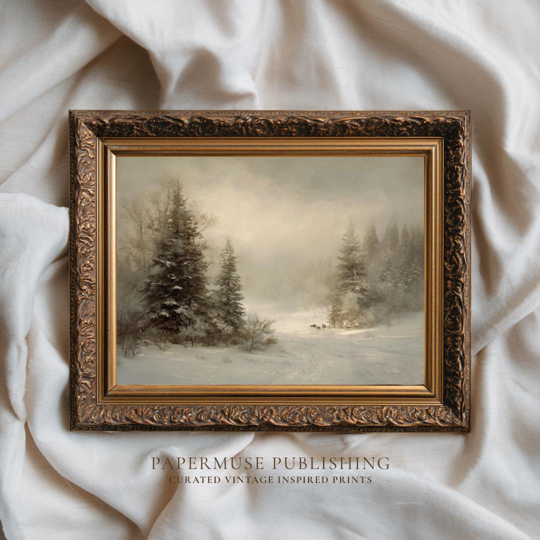 Vintage Winter Forest Landscape Print, Snowy Pine Tree Painting ...