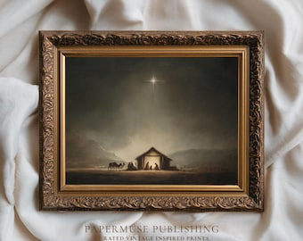 Star of Bethlehem Nativity Art Print, Vintage Holy Night Painting, Dark Academia Christmas Wall Decor, Sacred Manger Scene, Digital Download