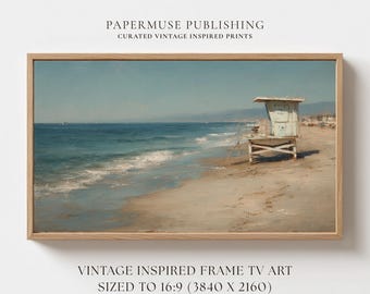 Beach Lifeguard Tower Frame TV Art, Coastal Beach Scene Painting, Vintage Ocean Landscape Digital Download, Coastal Wall Art 16:9 #CS30