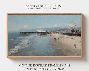 Santa Monica Pier Frame TV Art, Vintage Beach Scene Painting, California Coastal Boardwalk, Ocean Landscape Digital Download 16:9 #CS37