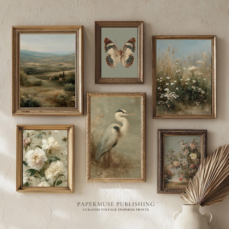 french cottage wall art, cottagecore prints, spring gallery wall set, vintage floral prints, farmhouse wall decor, country landscape art, neutral vintage prints, shabby chic decor, botanical cottage art, european countryside prints, soft aesthetic wall art, pastel vintage artwork, bird butterfly prints, rustic farmhouse gallery, cottage wall art bundle, antique floral decor, light academia prints, romantic vintage art, printable wall art set, curated gallery bundle, print bundle