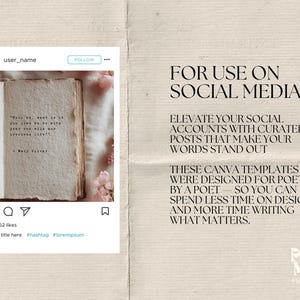 Pu&ograve; includere: Mockup di post sui social media con un libro aperto e una citazione. Il testo a destra promuove i modelli Canva per i poeti, con le parole "FOR USE ON SOCIAL MEDIA". Il post include un nome utente, un pulsante segui e un conteggio dei Mi piace.