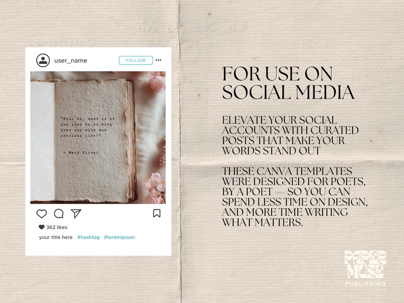 Pu&ograve; includere: Mockup di post sui social media con un libro aperto e una citazione. Il testo a destra promuove i modelli Canva per i poeti, con le parole "FOR USE ON SOCIAL MEDIA". Il post include un nome utente, un pulsante segui e un conteggio dei Mi piace.
