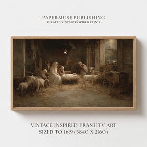 May include: A framed vintage-inspired print depicting a Nativity scene with figures, animals, and a warm, rustic color palette. The artwork is set in a barn-like structure with soft lighting, evoking a sense of peace and reverence. The frame is made of wood.
