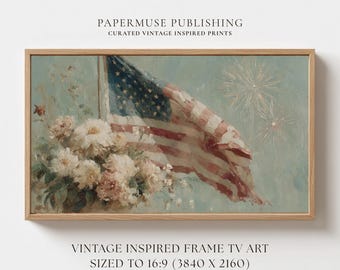 Vintage Patriotic Floral Frame TV Art, American Flag Painting, Independence Day Decor, Samsung Frame TV Download #US4