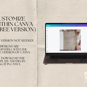 Pu&ograve; includere: Un laptop mostra un modello di design Canva. Lo schermo mostra un libro aperto con testo. Il testo recita "Personalizza all'interno di Canva (versione gratuita)". Testo aggiuntivo promuove la versione gratuita.