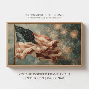 Patriotic Fireworks Frame TV Art, Vintage American Flag Painting, Americana Decor, Independence Day Download 16:9 #US5