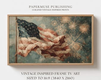 Patriotic Fireworks Frame TV Art, Vintage American Flag Painting, Americana Decor, Independence Day Download 16:9 #US5