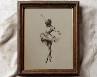 May include: A framed vintage print of a ballerina in a graceful pose. The artwork is a sepia-toned sketch, showcasing the dancer in a flowing dress and pointe shoes. The frame is dark brown with a gold inner edge. The text "PAPERMUSE PUBLISHING" is at the bottom.