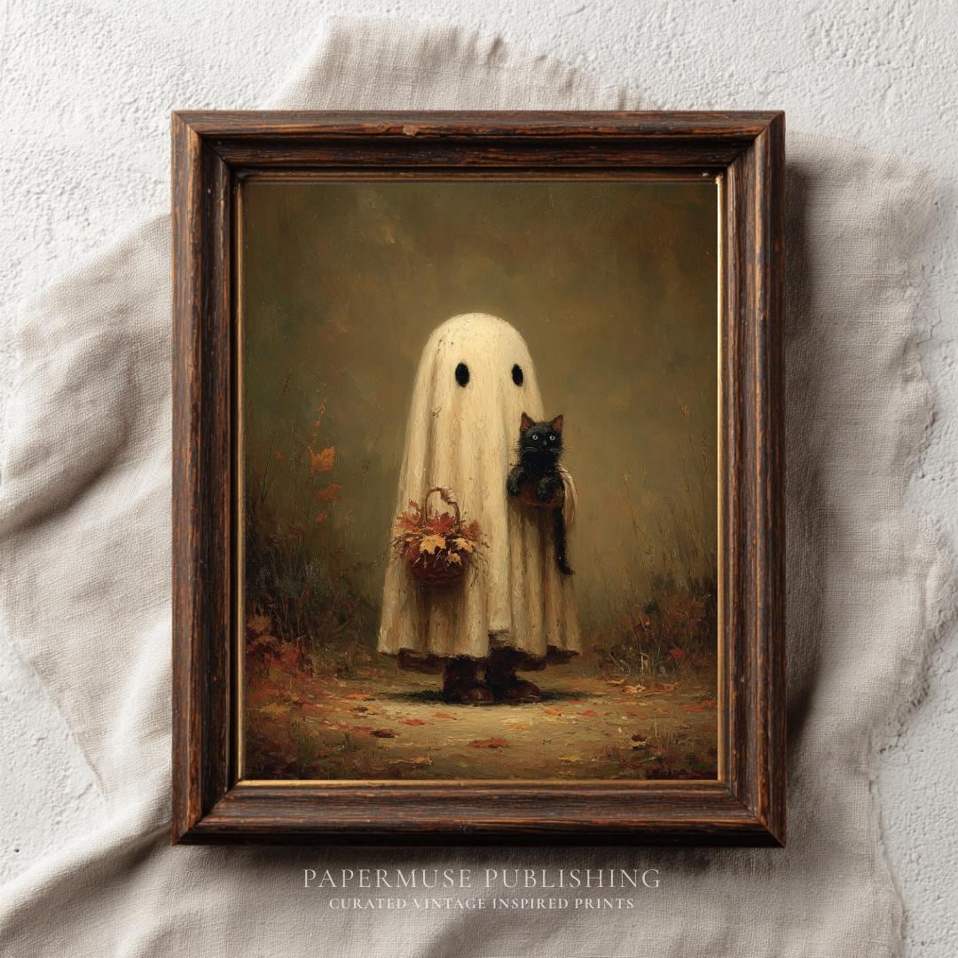 Cute Ghost and Black Cat Vintage Art #3, Spooky Halloween Fall Painting ...