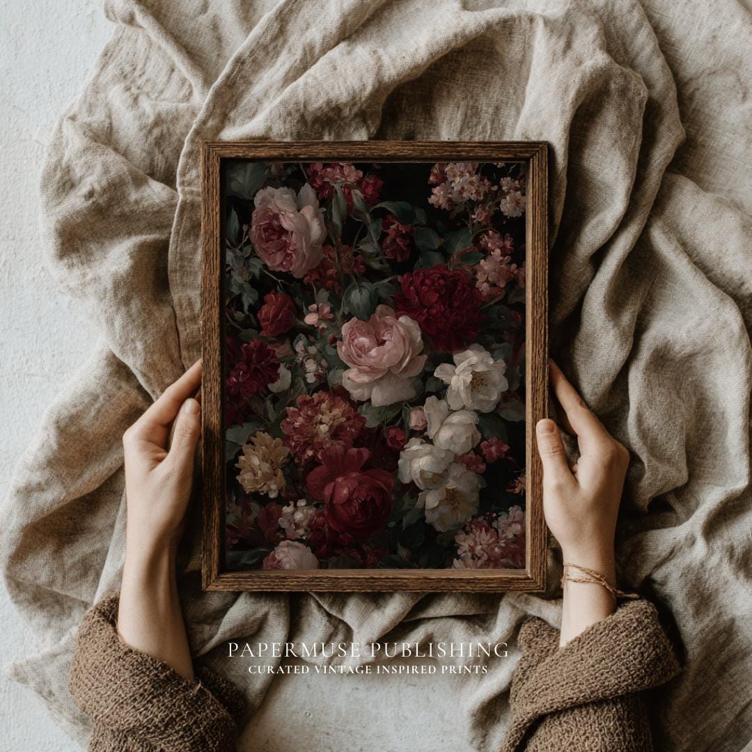 Dark Romantic Floral Wall Art, Vintage Garden Rose Still Life Print ...
