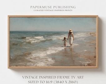 Beach Family Wall Art Samsung Frame TV, Coastal Mother and Child Painting, Cottagecore Beach Scene, Mothers Day 16:9 Digital Download #CS24