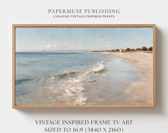 Beach Wall Art for Samsung Frame TV, Coastal Cottagecore Ocean Painting, Neutral Shoreline Landscape Decor, 16:9 Digital Download #CS23