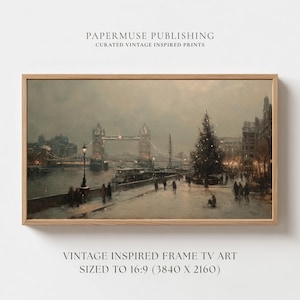 May include: A framed vintage print depicting a snowy scene in London, with the Tower Bridge and a Christmas tree. The artwork has a muted colour palette and is sized for a 16:9 TV screen.