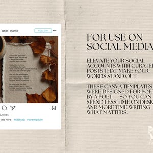 May include: An Instagram post template with a handwritten poem, dried leaves, and a ceramic bowl. The text reads "FOR USE ON SOCIAL MEDIA" and "ELEVATE YOUR SOCIAL ACCOUNTS WITH CURATED POSTS THAT MAKE YOUR WORDS STAND OUT."