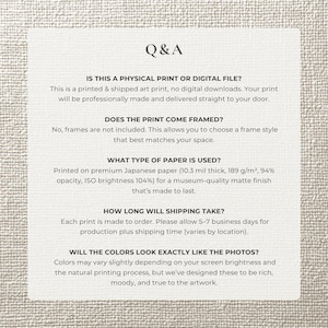 May include: A cream-colored paper with the heading "Q&A" and several questions and answers about a printed art piece. The text describes the print as physical, unframed, and printed on premium Japanese paper.