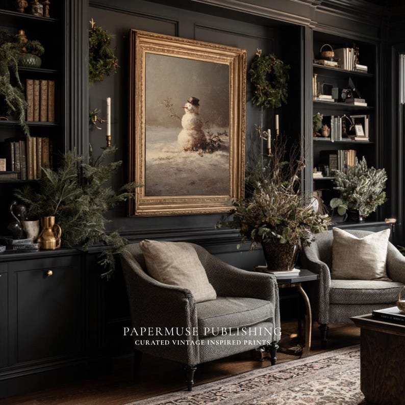 May include: A cozy living room scene with dark walls, bookshelves, and two armchairs. A framed vintage print of a snowman hangs above the chairs. The room is decorated with wreaths, greenery, and candles, creating a warm, inviting atmosphere. The text "PAPERMUSE PUBLISHING" is visible.