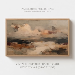 May include: A framed landscape painting with a neutral color palette. The artwork features a cloudy sky with shades of beige, brown, and gray. The frame is made of light-colored wood. The text "PAPERMUSE PUBLISHING" and "VINTAGE INSPIRED FRAME TV ART" are visible.