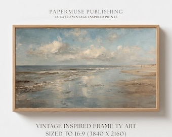 Beach Frame TV Art, Coastal Ocean Landscape Painting, Soft Neutral Shoreline Digital Download, Vintage Coastal Wall Art 16:9 #CS31