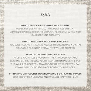 May include: A cream-colored informational graphic with the heading "Q&A". The text explains the file format, product type, and download instructions. It also offers support for downloading and displaying images.