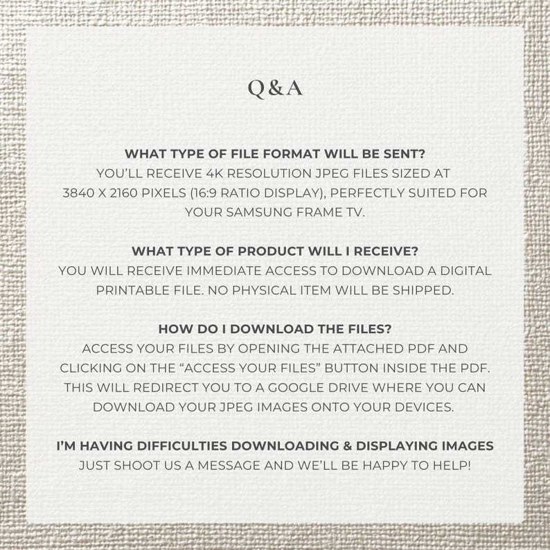 May include: A cream-colored informational graphic with the heading "Q&A". The text explains the file format, product type, and download instructions. It also offers support for downloading and displaying images.