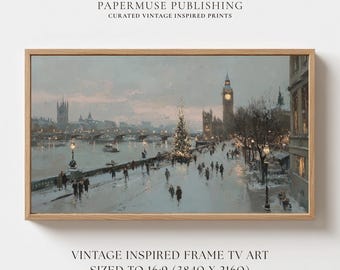 Vintage London Christmas Frame TV Art, Snowy Riverside Scene with Big Ben, Winter Cityscape, European Holiday Decor,  Digital Download | #6