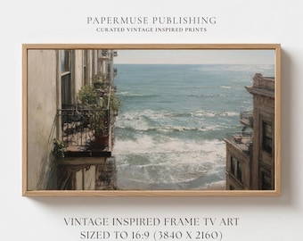 European Coastal Balcony Frame TV Art, Vintage Ocean View Painting, Mediterranean Seaside Scene Digital Download 16:9 #CS28