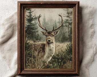 May include: A framed vintage print featuring a deer in a forest setting. The artwork showcases a brown-antlered deer with a white and brown coat, surrounded by green trees and foliage. The frame is dark brown.
