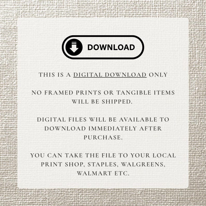 Puede incluir: Gr&aacute;fico de descarga digital con la palabra "DESCARGAR" en un &oacute;valo negro. El texto de abajo indica que esto es solo una descarga digital y que no se enviar&aacute;n art&iacute;culos f&iacute;sicos. Tambi&eacute;n menciona d&oacute;nde se puede imprimir el archivo.