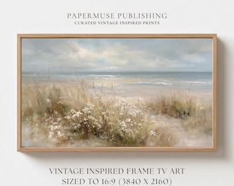 Coastal Wildflower Beach Frame TV Art, Soft Dune Landscape Painting, Neutral Coastal Floral Scene Digital Download 16:9 #CS32