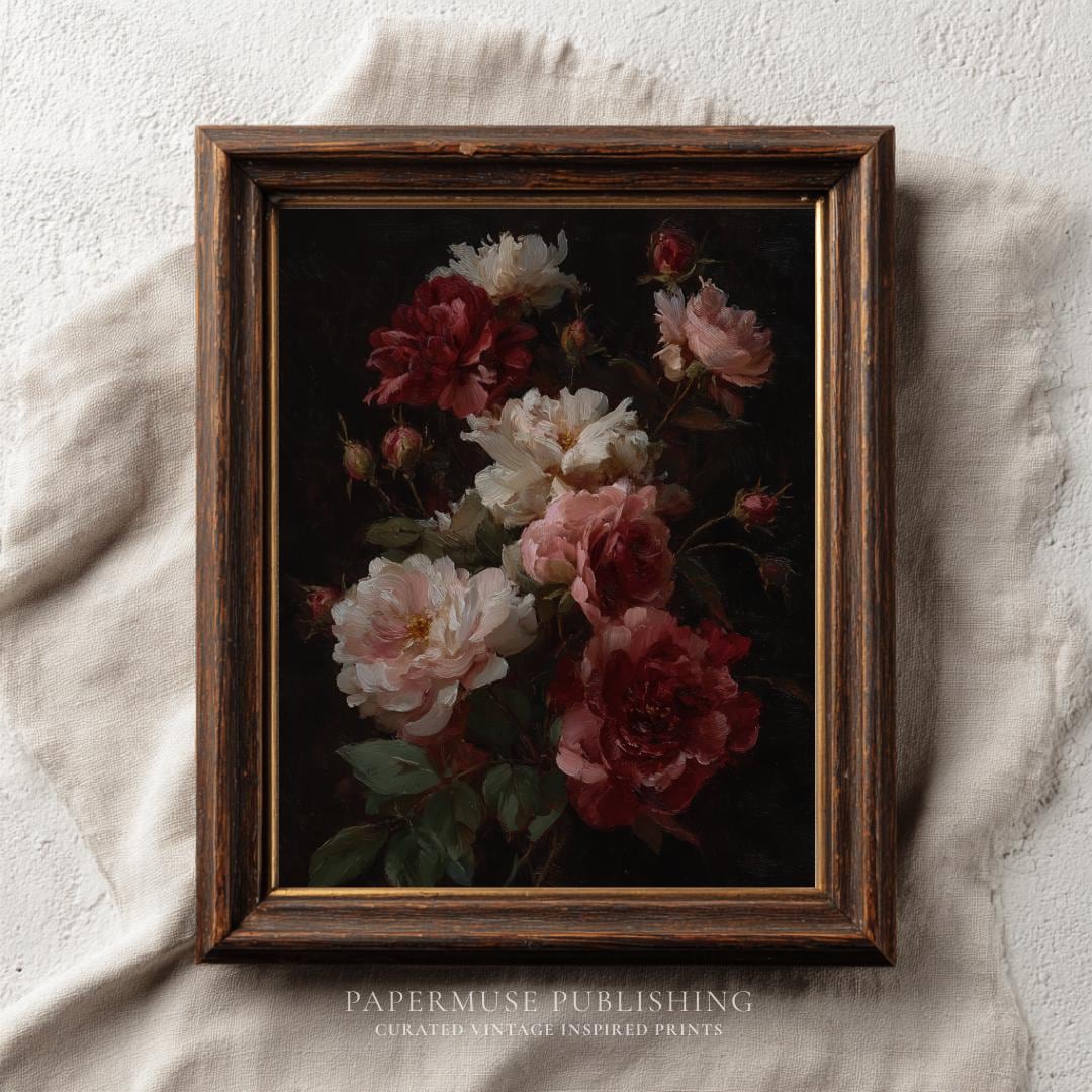 Dark Moody Floral Wall Art, Vintage Rose Still Life Print, Romantic ...