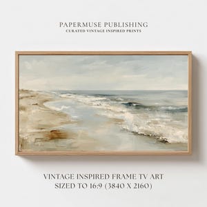 May include: A framed landscape painting of a beach scene with a light blue sky and ocean. The artwork has a vintage aesthetic, with text at the top reading "PAPERMUSE PUBLISHING CURATED VINTAGE INSPIRED PRINTS" and text at the bottom reading "VINTAGE INSPIRED FRAME TV ART SIZED TO 16:9 (3840 X 2160)".