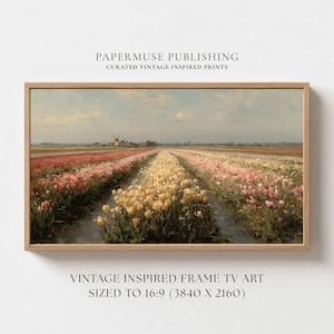 May include: Framed vintage-inspired art print featuring a colorful tulip field with a windmill in the distance. The artwork is in a wooden frame and includes the text "PAPERMUSE PUBLISHING" and "VINTAGE INSPIRED FRAME TV ART".
