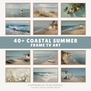 Puede incluir: Colección de impresiones artísticas costeras enmarcadas. Las impresiones presentan escenas de playa, olas del océano y paisajes con una estética vintage. Se muestra el texto "40+ COASTAL SUMMER FRAME TV ART". Las impresiones son de Papermuse Publishing.