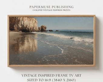 Coastal Cliff Beach Frame TV Art, Ocean Shoreline Painting, Vintage Seaside Landscape Digital Download, Neutral Coastal Wall Art 16:9 #CS34