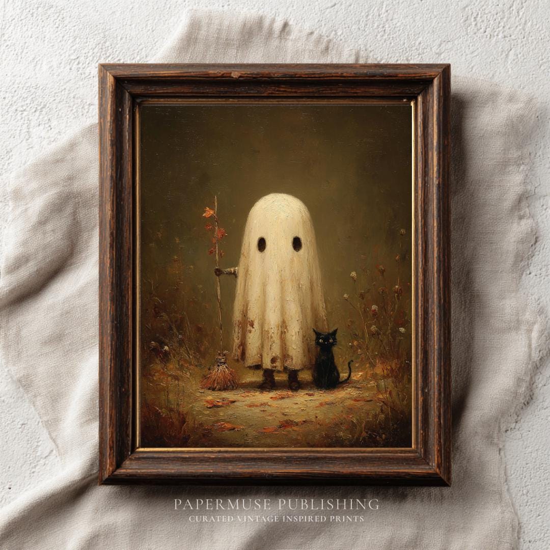 Cute Ghost and Black Cat Vintage Wall Art, Spooky Halloween Fall ...