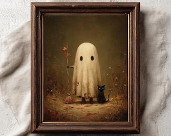 Arte de pared vintage de fantasma y gato negro, pintura digital espeluznante de Halloween otoñal, decoración de pared imprimible, decoración vintage otoñal con un toque melancólico.